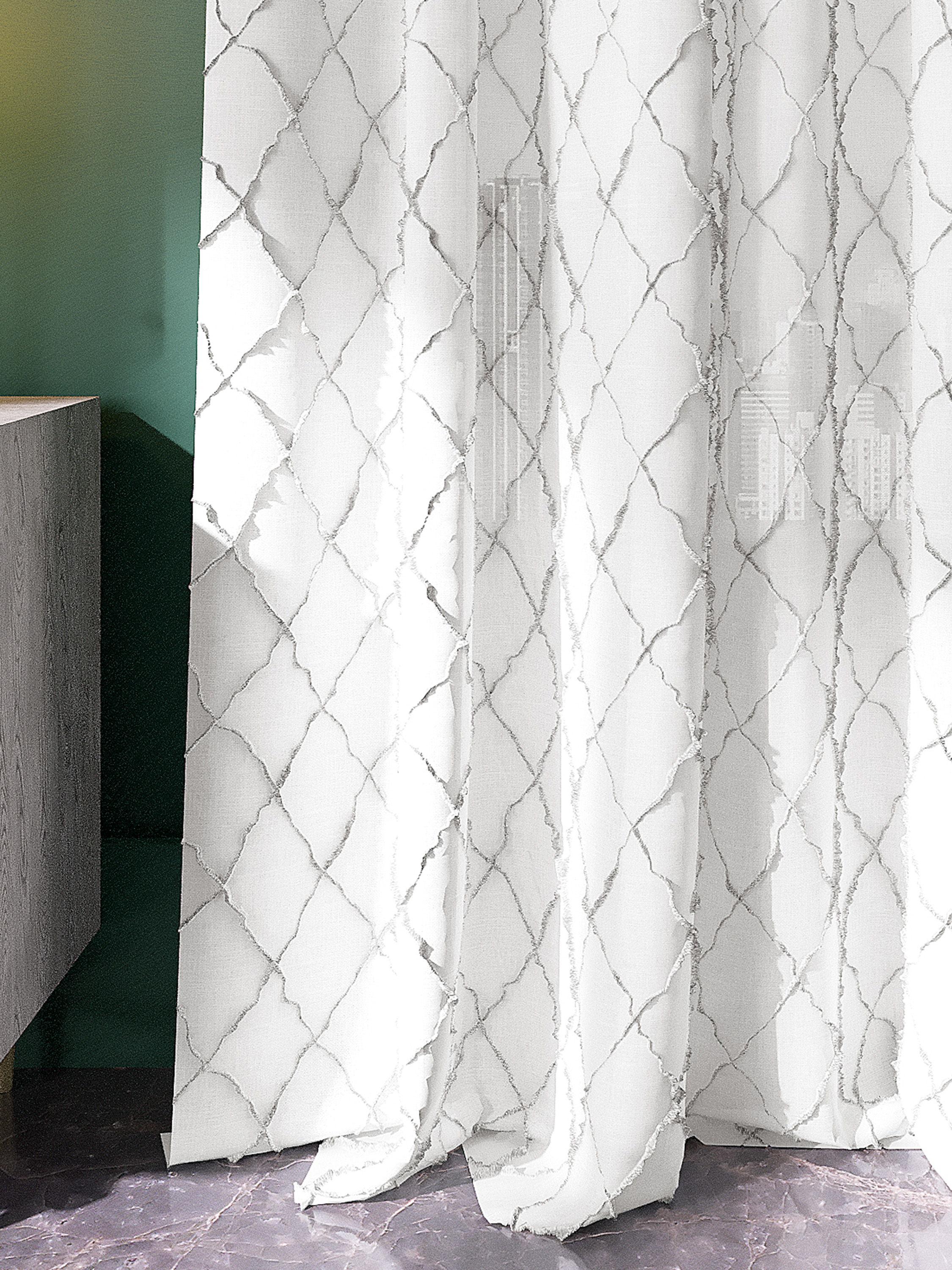 Diamond pintucks are meticulously crafted on a matt sheer fabric.
