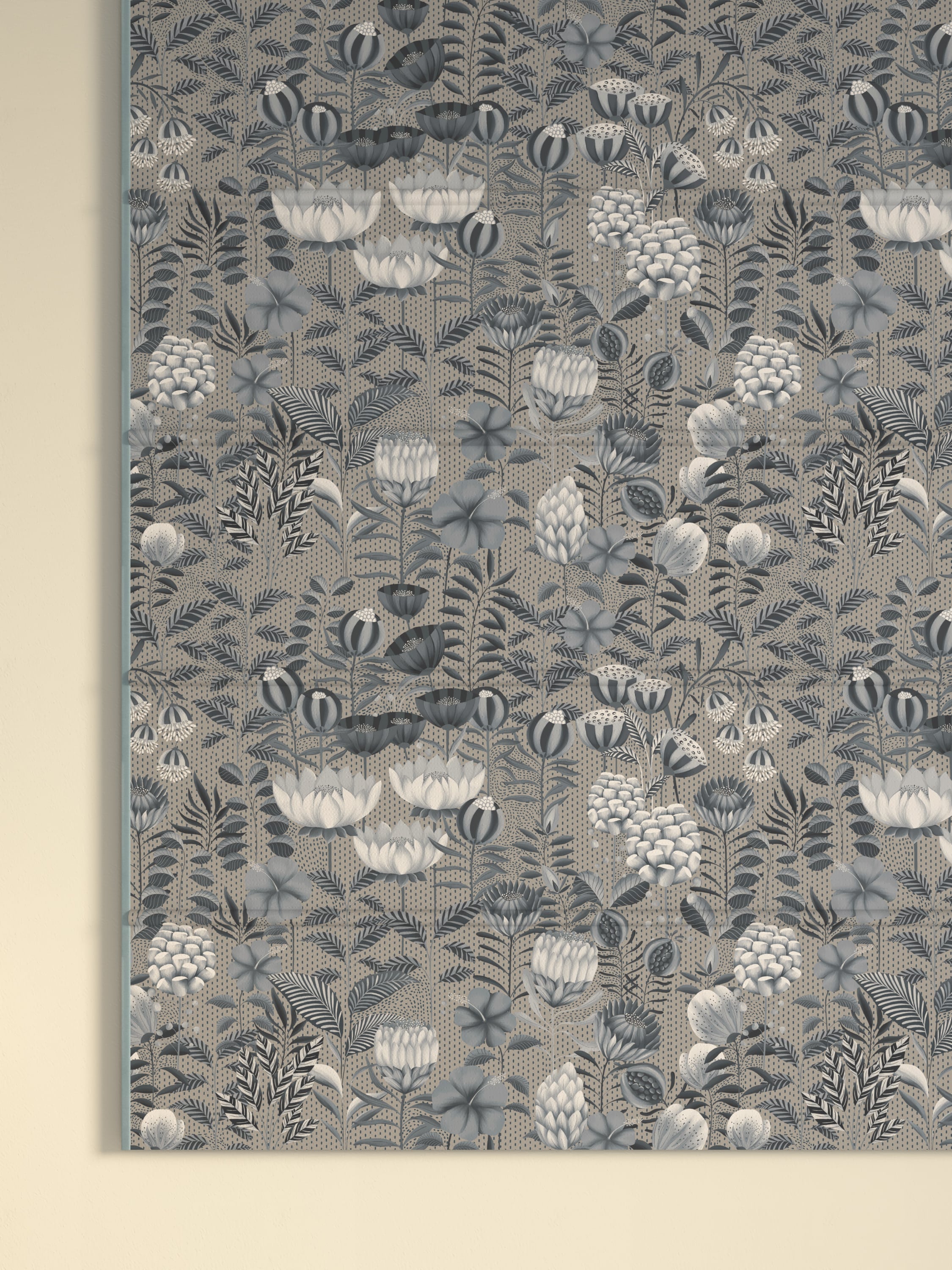 Roller blind with a dense, intricate floral and foliage pattern