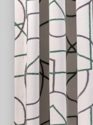 Abstract curtains with white base and green and purple embroidered lines